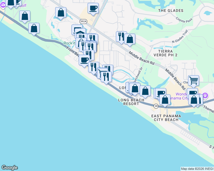 map of restaurants, bars, coffee shops, grocery stores, and more near 10996 Florida 30 in Panama City Beach