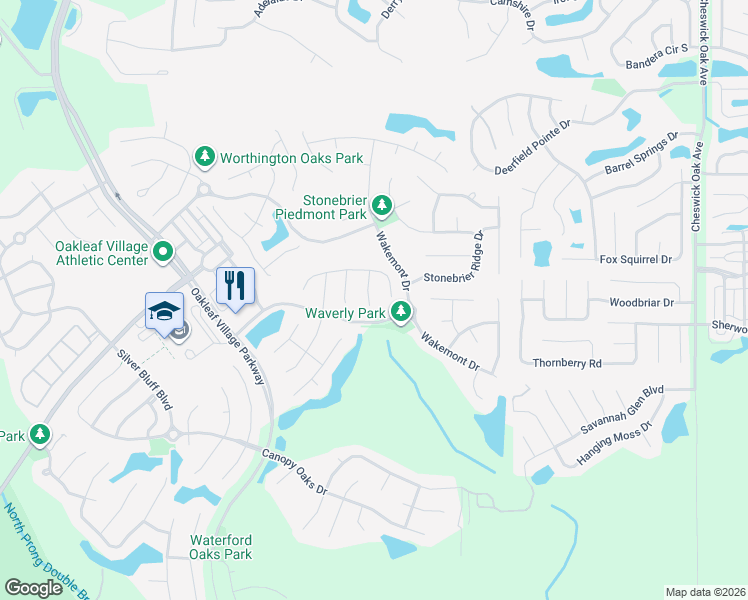 map of restaurants, bars, coffee shops, grocery stores, and more near 627 Longcrest Lane in Orange Park