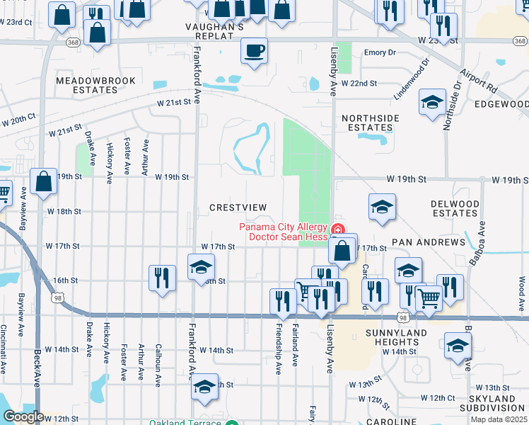 map of restaurants, bars, coffee shops, grocery stores, and more near 1600 West 17th Street in Panama City