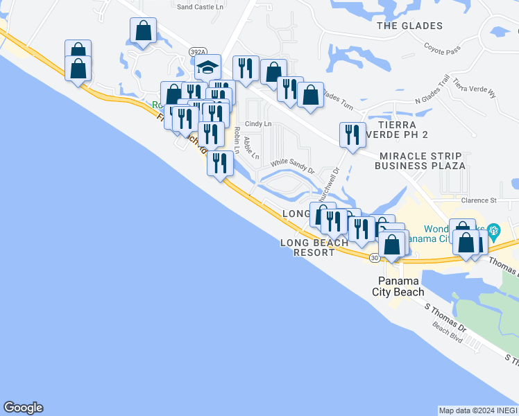 map of restaurants, bars, coffee shops, grocery stores, and more near 10826 Front Beach Road in Panama City Beach