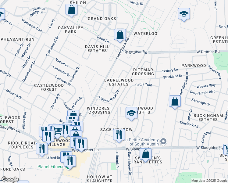 map of restaurants, bars, coffee shops, grocery stores, and more near 9003 Jodie Lane in Austin