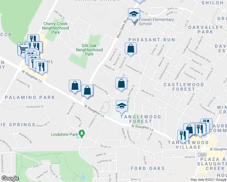 map of restaurants, bars, coffee shops, grocery stores, and more near 9706 Sugar Hill Drive in Austin