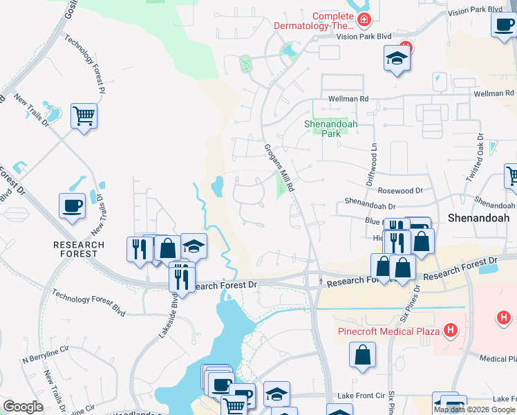 map of restaurants, bars, coffee shops, grocery stores, and more near 44 Pine Grove Court in Spring