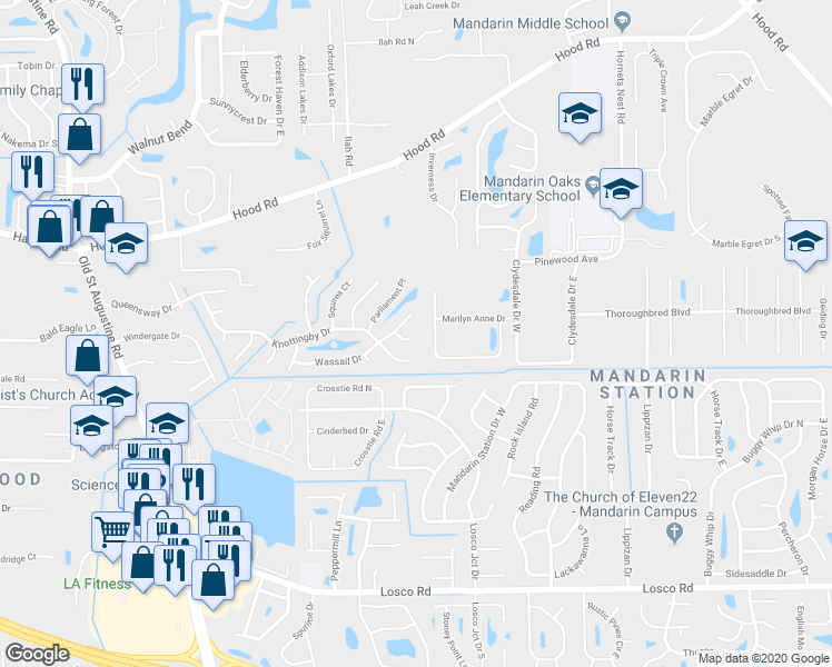 map of restaurants, bars, coffee shops, grocery stores, and more near 11035 Crumpet Court in Jacksonville