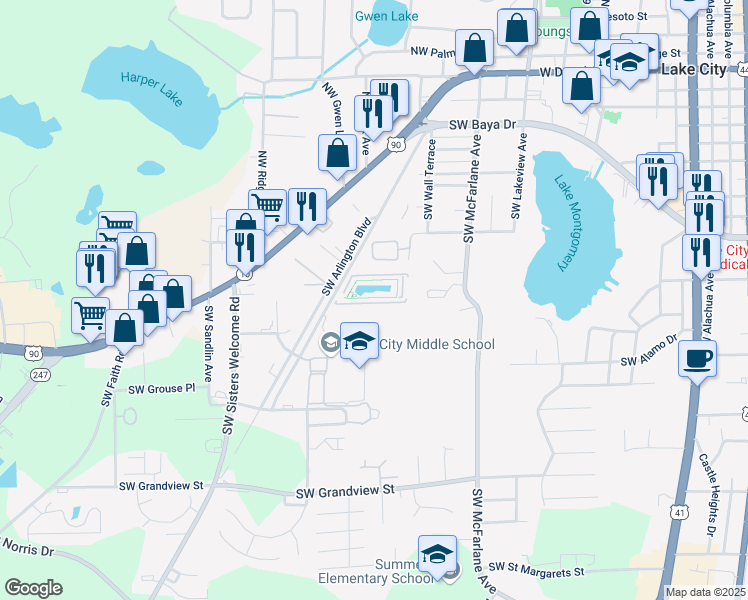 map of restaurants, bars, coffee shops, grocery stores, and more near 799 South West Dexter Circle in Lake City