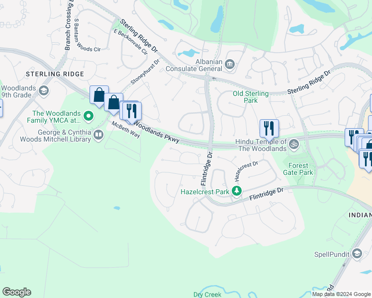 map of restaurants, bars, coffee shops, grocery stores, and more near 63 North Altwood Circle in Spring
