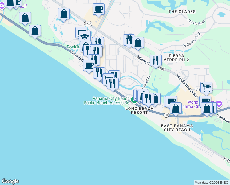 map of restaurants, bars, coffee shops, grocery stores, and more near 10826 Front Beach Road in Panama City Beach