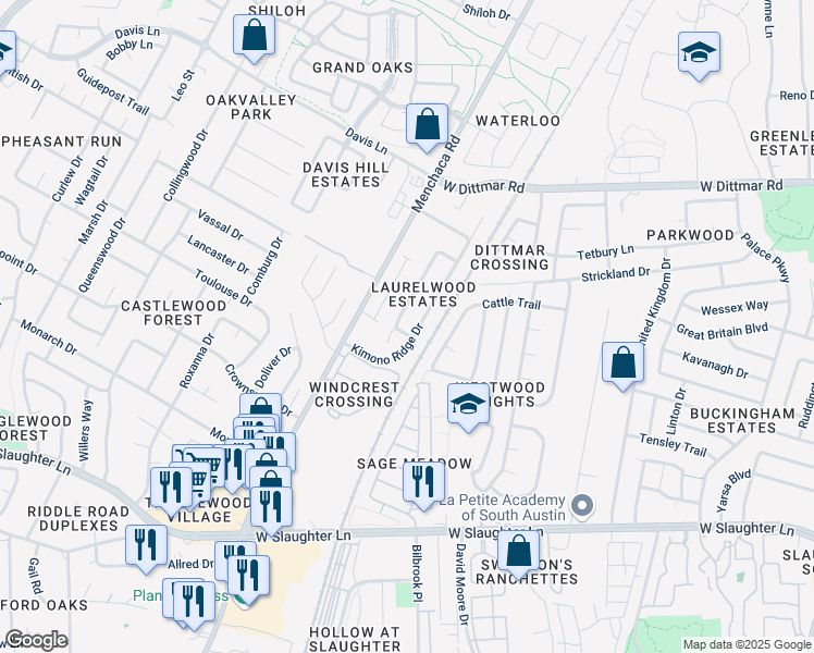 map of restaurants, bars, coffee shops, grocery stores, and more near 9003 Jodie Lane in Austin