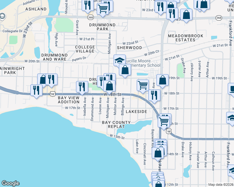 map of restaurants, bars, coffee shops, grocery stores, and more near 3534 U.S. 98 Business in Panama City