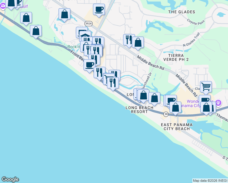 map of restaurants, bars, coffee shops, grocery stores, and more near 10996 Florida 30 in Panama City Beach