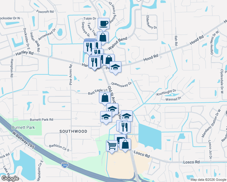 map of restaurants, bars, coffee shops, grocery stores, and more near 4240 Queensway Drive in Jacksonville