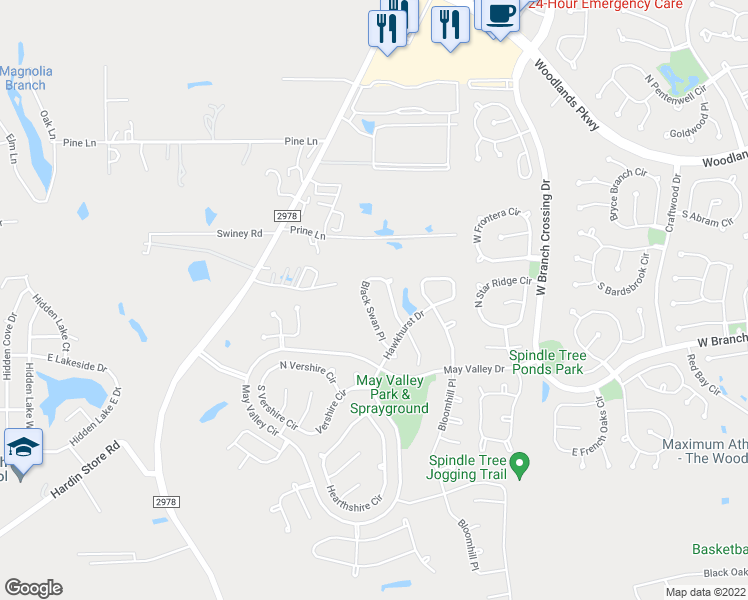 map of restaurants, bars, coffee shops, grocery stores, and more near 163 Black Swan Place in Magnolia