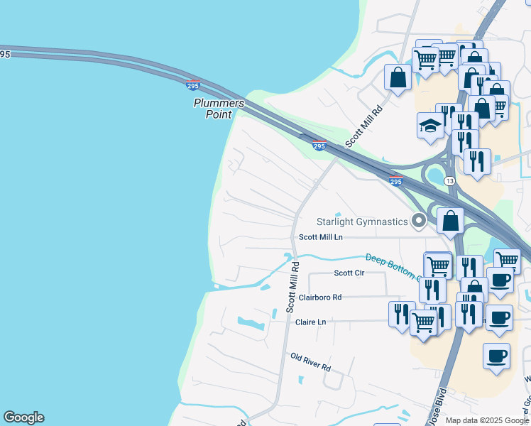 map of restaurants, bars, coffee shops, grocery stores, and more near 10754 Scott Mill Road in Jacksonville
