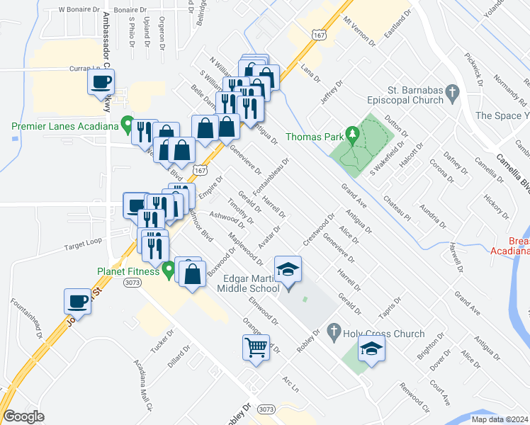 map of restaurants, bars, coffee shops, grocery stores, and more near 311 Gerald Drive in Lafayette