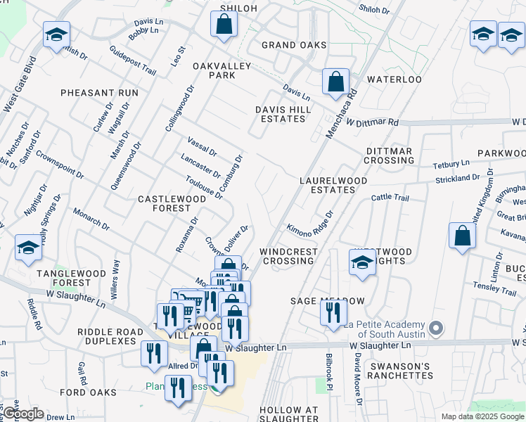 map of restaurants, bars, coffee shops, grocery stores, and more near 9107 Sedgemoor Trail in Austin