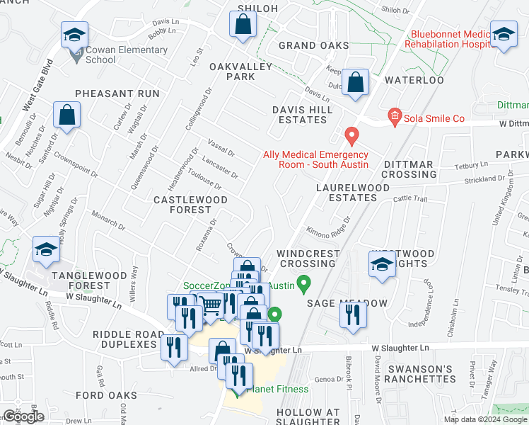 map of restaurants, bars, coffee shops, grocery stores, and more near 9200 Kempler Drive in Austin