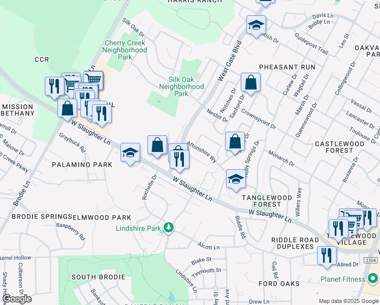 map of restaurants, bars, coffee shops, grocery stores, and more near 3008 Aftonshire Way in Austin