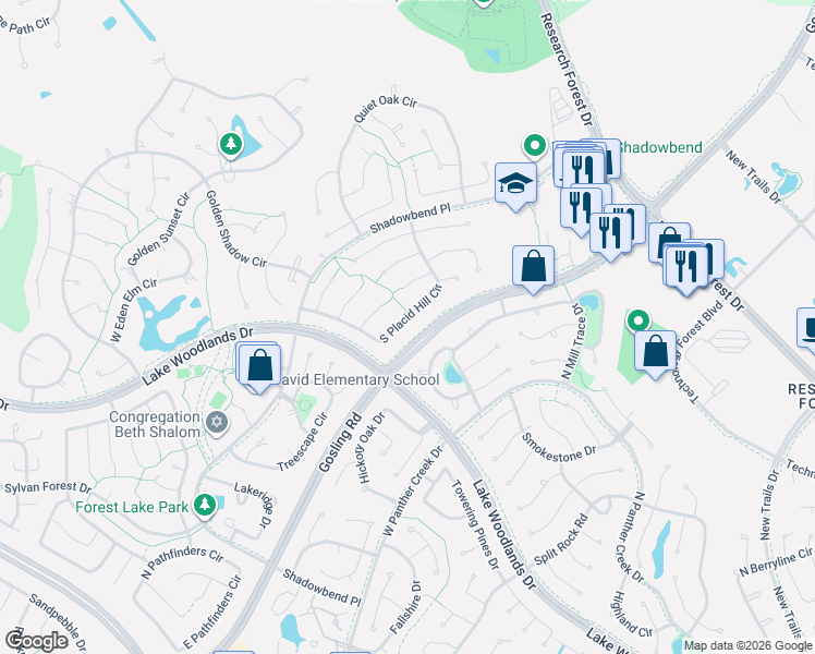 map of restaurants, bars, coffee shops, grocery stores, and more near 77 South Placid Hill Circle in Spring