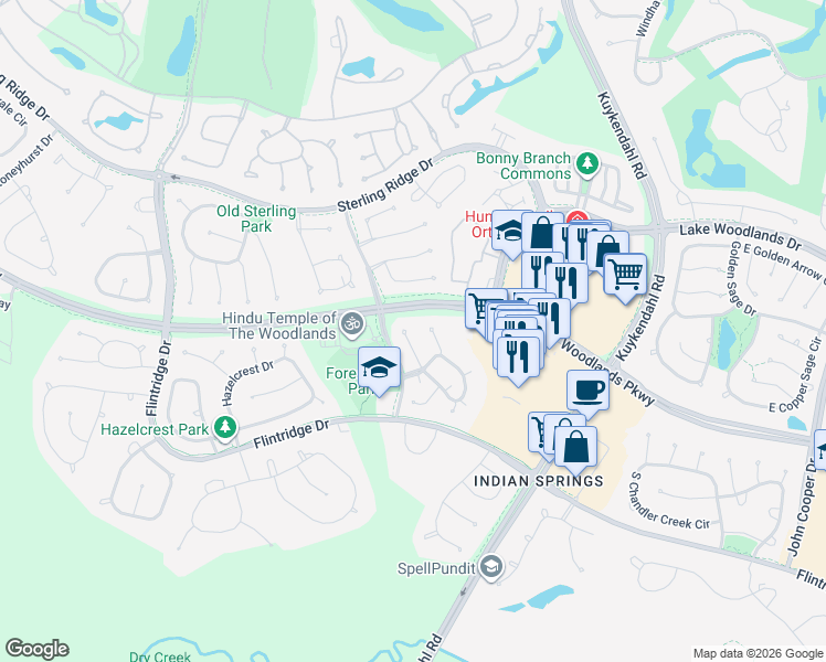 map of restaurants, bars, coffee shops, grocery stores, and more near 26 Brywood Place in Spring