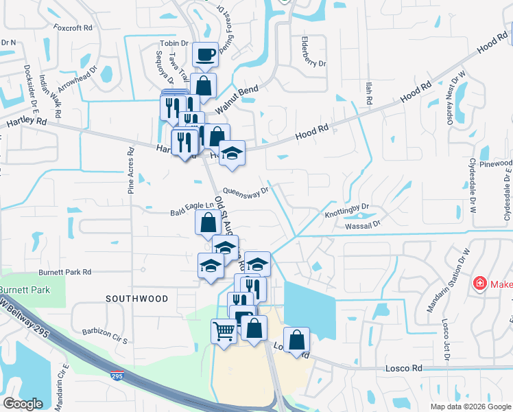 map of restaurants, bars, coffee shops, grocery stores, and more near 4333 Queensway Drive in Jacksonville
