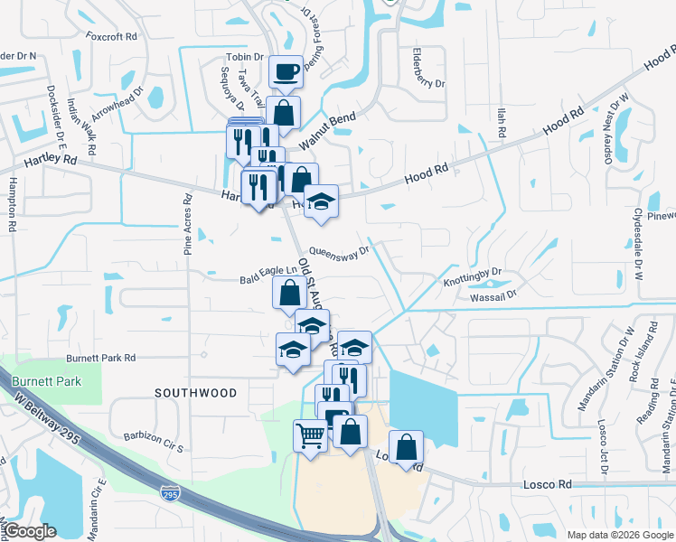 map of restaurants, bars, coffee shops, grocery stores, and more near 4333 Queensway Drive in Jacksonville