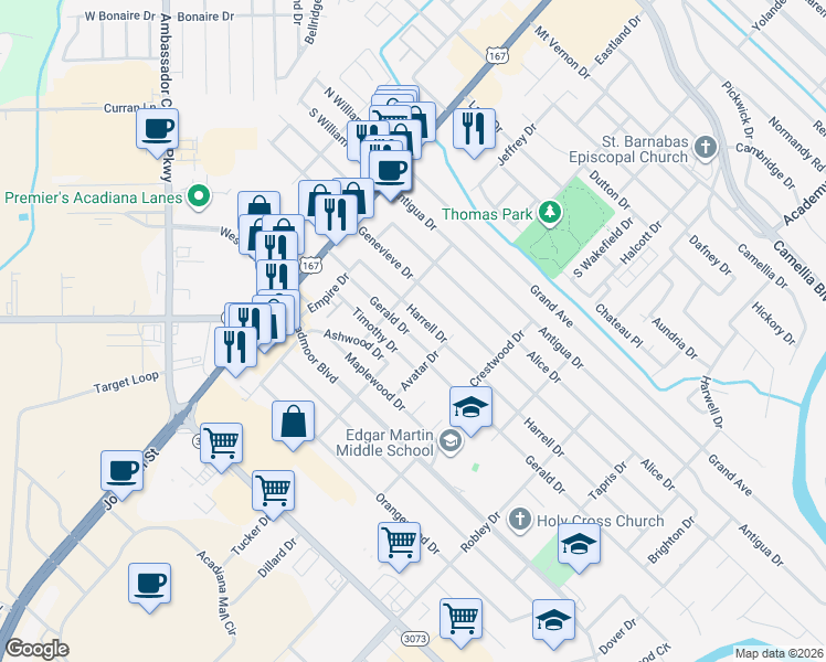 map of restaurants, bars, coffee shops, grocery stores, and more near 306 Harrell Drive in Lafayette