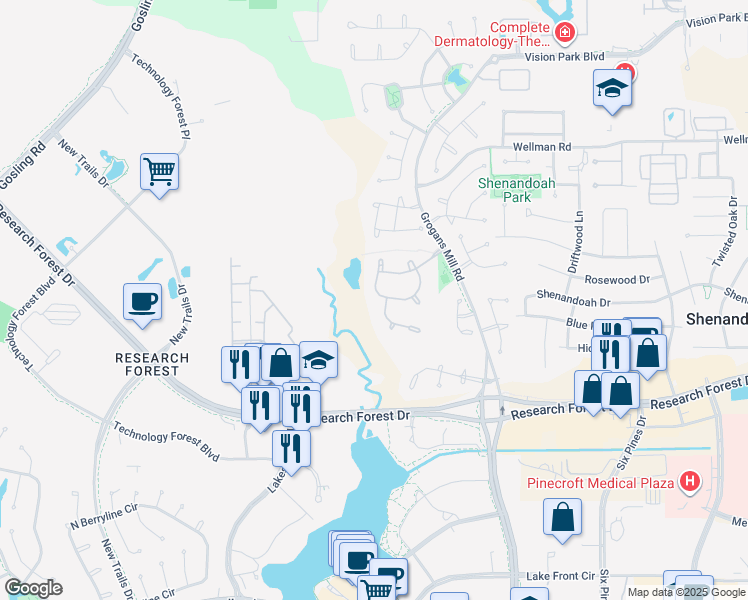 map of restaurants, bars, coffee shops, grocery stores, and more near 30 South Parkgate Circle in Spring