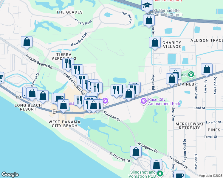 map of restaurants, bars, coffee shops, grocery stores, and more near 9809 Clarence Street in Panama City Beach