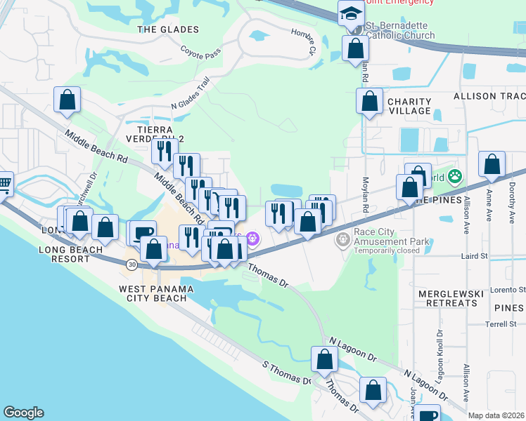 map of restaurants, bars, coffee shops, grocery stores, and more near 9809 Clarence St in Panama City Beach