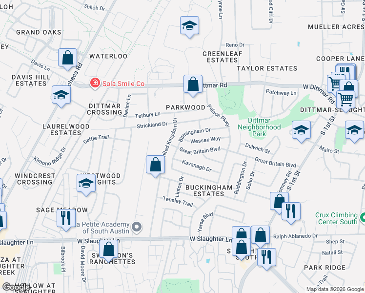 map of restaurants, bars, coffee shops, grocery stores, and more near 1016 Wessex Way in Austin