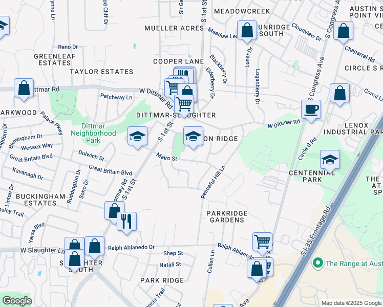 map of restaurants, bars, coffee shops, grocery stores, and more near 500 Mairo Street in Austin