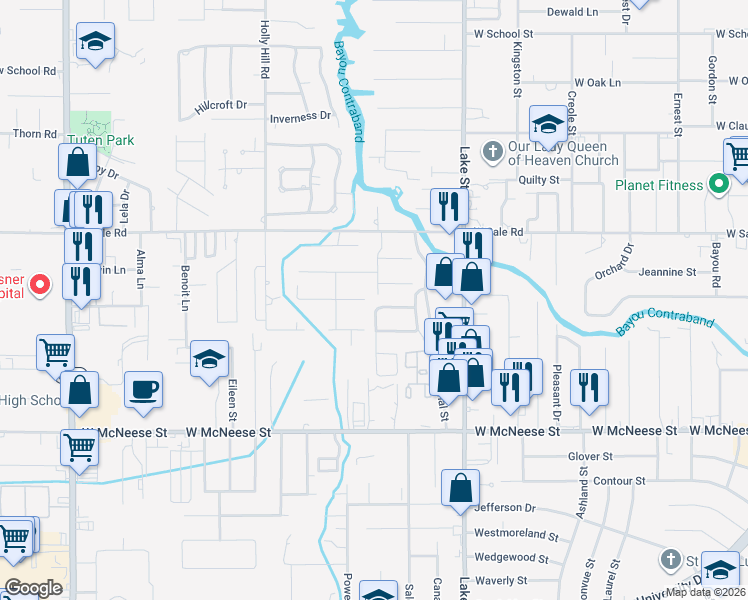 map of restaurants, bars, coffee shops, grocery stores, and more near 1016 Paris St in Lake Charles