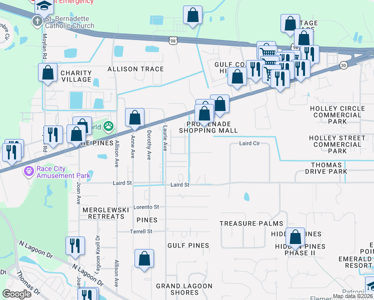 map of restaurants, bars, coffee shops, grocery stores, and more near 2107 Avensong Lane in Panama City Beach