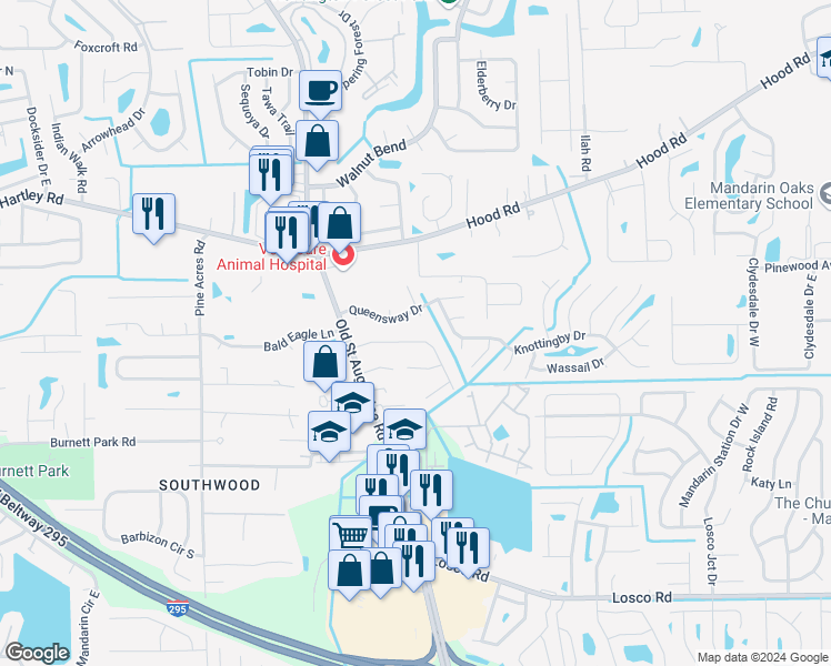 map of restaurants, bars, coffee shops, grocery stores, and more near 4333 Queensway Drive in Jacksonville