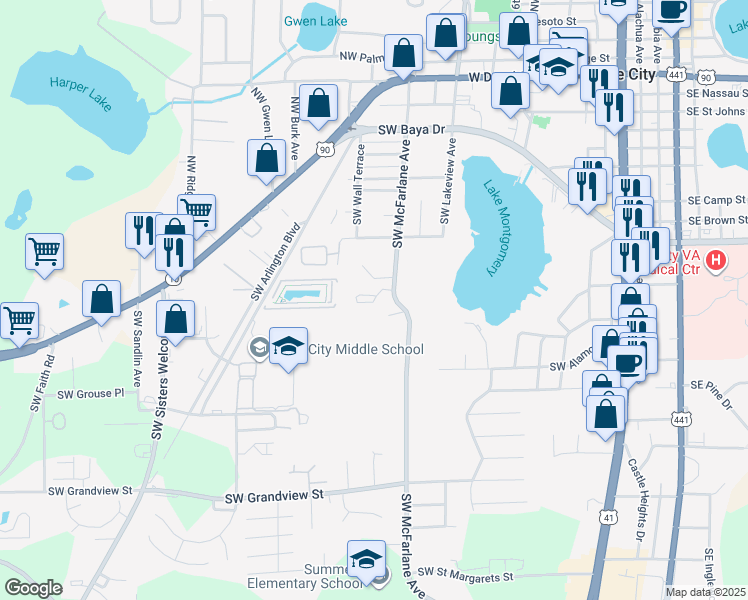 map of restaurants, bars, coffee shops, grocery stores, and more near Thornwood Circle in Lake City