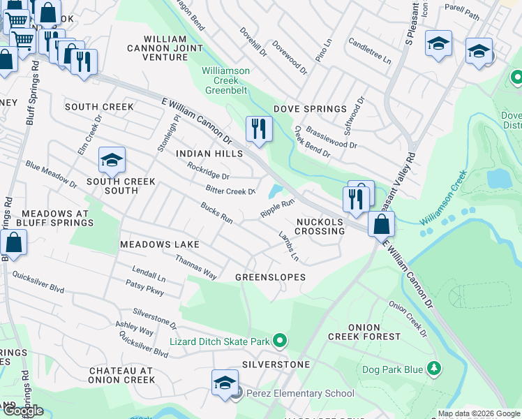 map of restaurants, bars, coffee shops, grocery stores, and more near 6702 Ripple Run in Austin