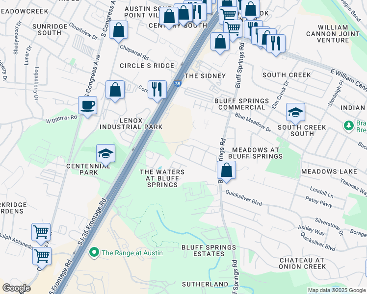 map of restaurants, bars, coffee shops, grocery stores, and more near 7222 Bluff Springs Road in Austin