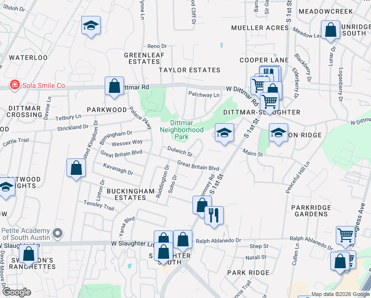 map of restaurants, bars, coffee shops, grocery stores, and more near 714 Dulwich Street in Austin