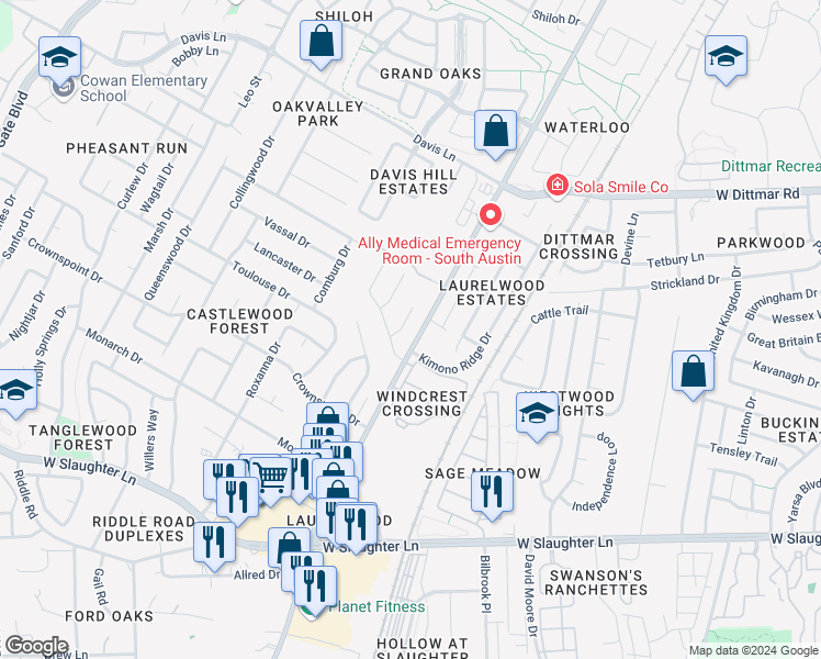 map of restaurants, bars, coffee shops, grocery stores, and more near 9105 Japonica Court in Austin