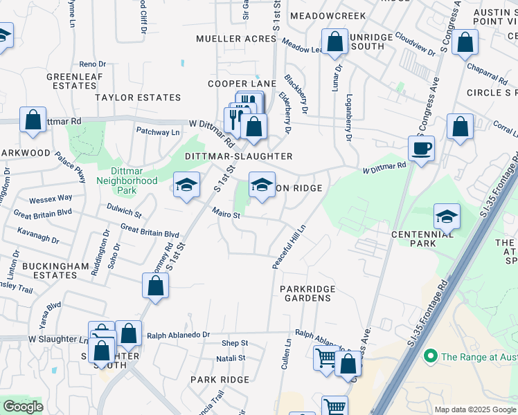 map of restaurants, bars, coffee shops, grocery stores, and more near 500 Mairo Street in Austin
