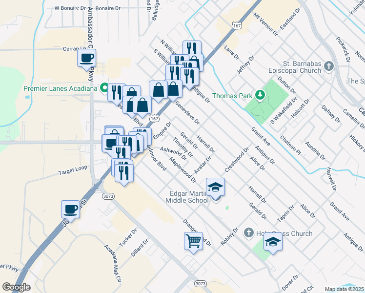 map of restaurants, bars, coffee shops, grocery stores, and more near 301 Timothy Drive in Lafayette