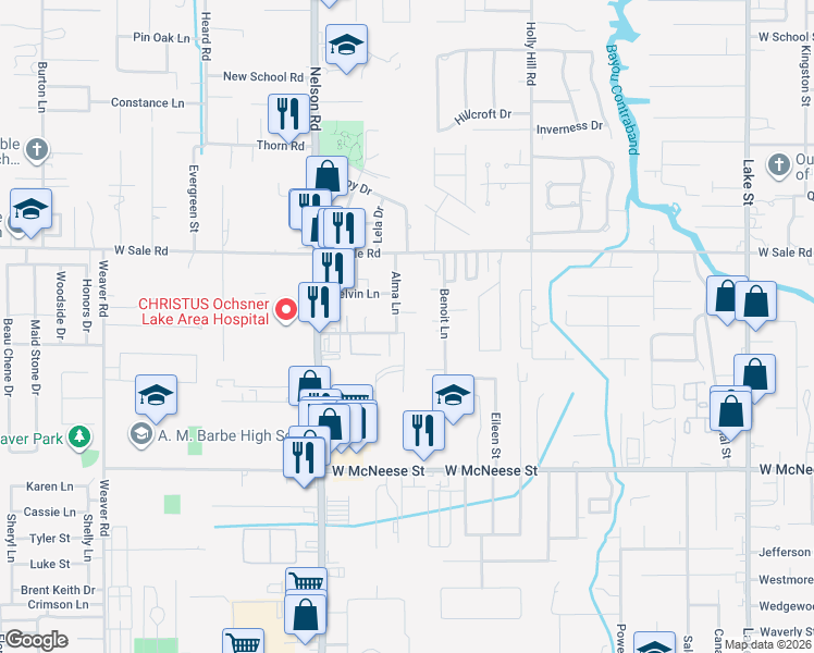 map of restaurants, bars, coffee shops, grocery stores, and more near 4201-4299 Alma Lane in Lake Charles