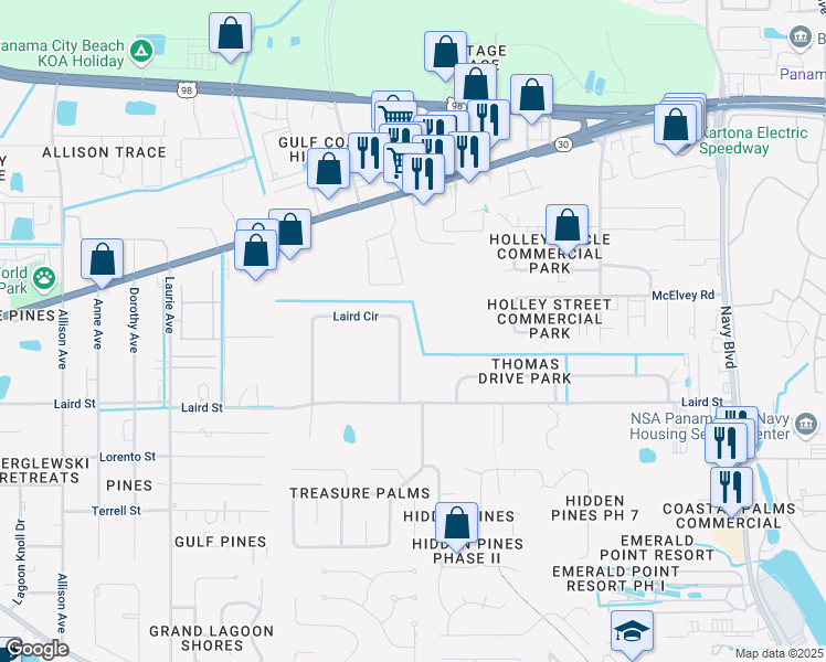 map of restaurants, bars, coffee shops, grocery stores, and more near 158 Laird Circle in Panama City Beach
