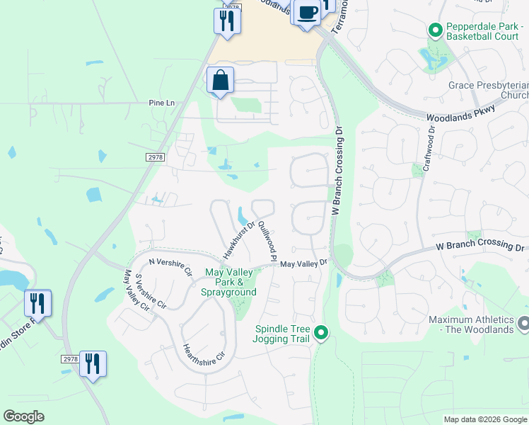 map of restaurants, bars, coffee shops, grocery stores, and more near 166 North Hawkhurst Circle in Magnolia