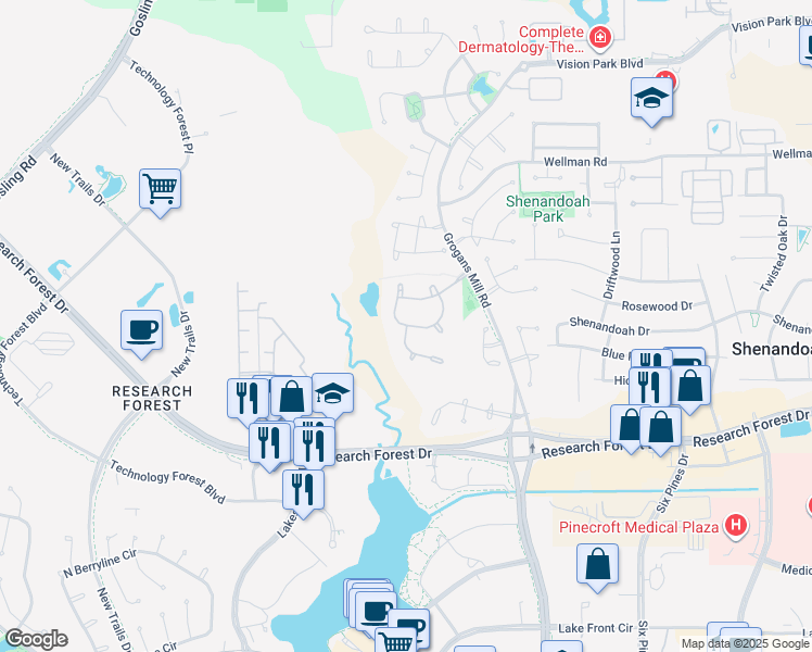 map of restaurants, bars, coffee shops, grocery stores, and more near 29 South Parkgate Circle in Spring
