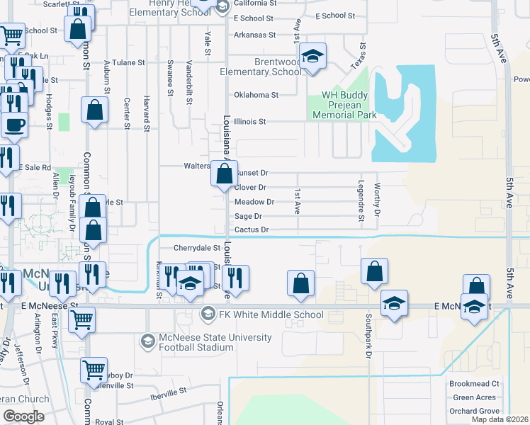 map of restaurants, bars, coffee shops, grocery stores, and more near 1312 Meadow Drive in Lake Charles