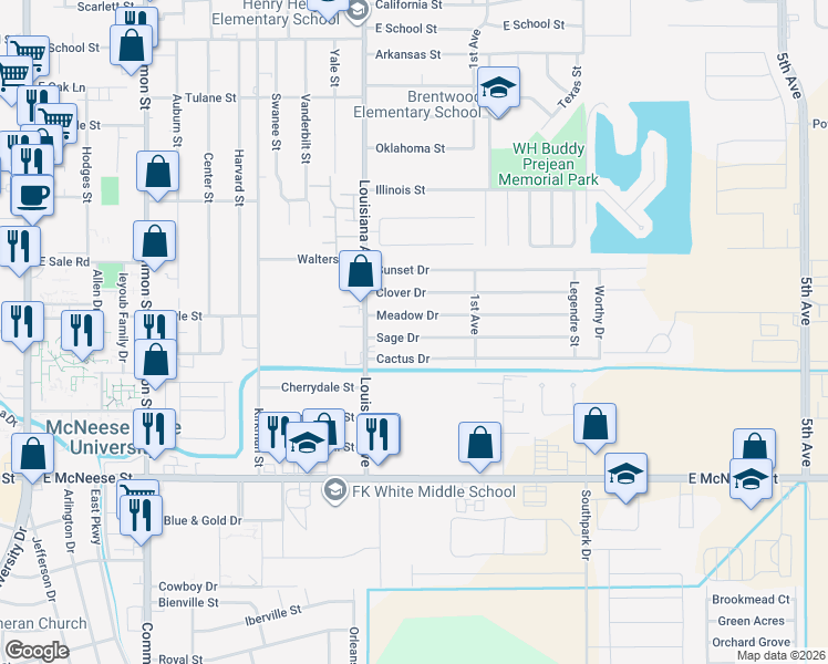 map of restaurants, bars, coffee shops, grocery stores, and more near 1200 Meadow Drive in Lake Charles