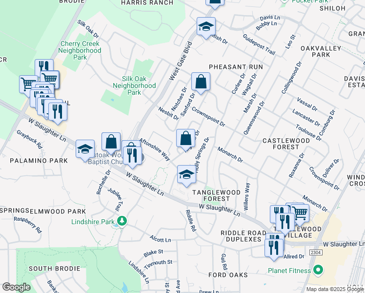 map of restaurants, bars, coffee shops, grocery stores, and more near 9706 Sugar Hill Drive in Austin