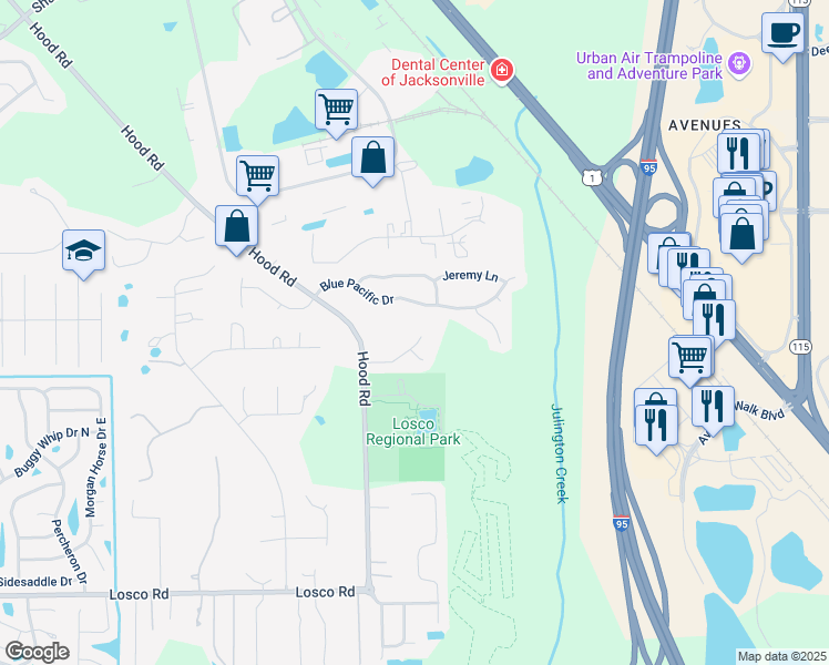 map of restaurants, bars, coffee shops, grocery stores, and more near 5521 Hidden Ridge Drive in Jacksonville