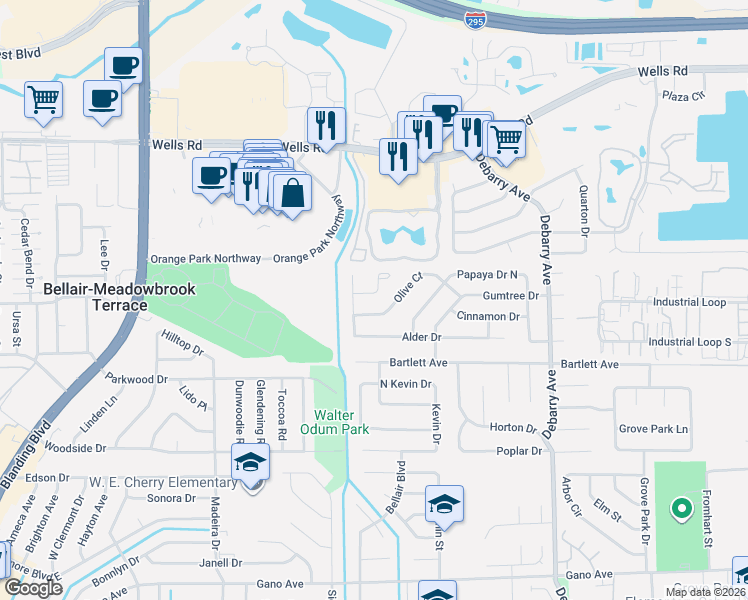 map of restaurants, bars, coffee shops, grocery stores, and more near 1801 Litchi Court in Orange Park